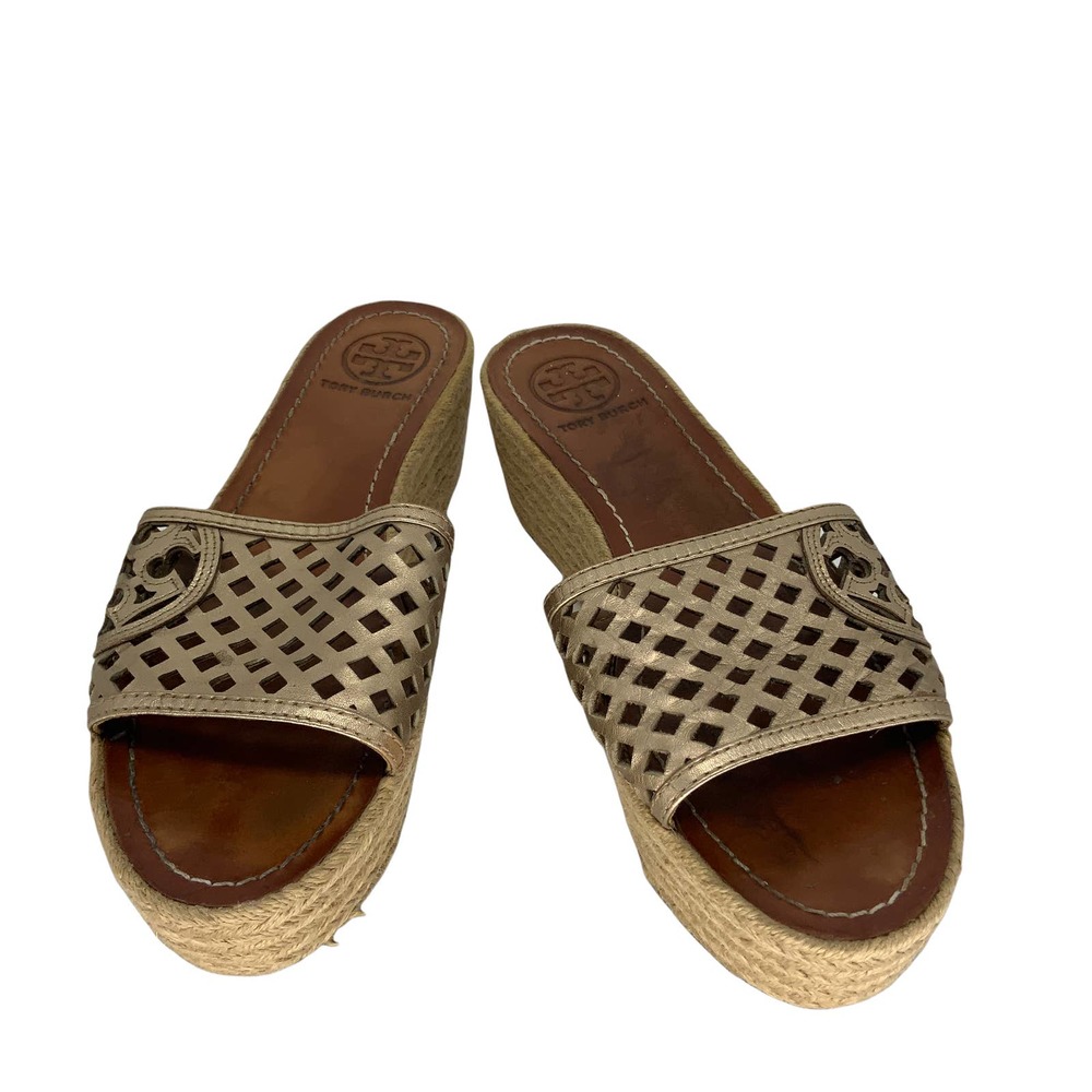 Tory Burch Thatched Perforated & Signature Gold Espadrille 2.5” Platform 8